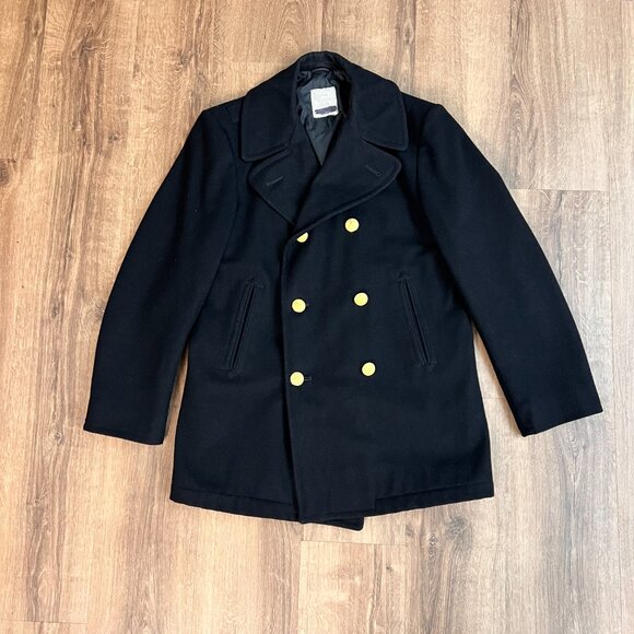 US Navy USN Black Pea Coat Enlisted Wool Gold Eagle Double-breasted 38R - Picture 6 of 12